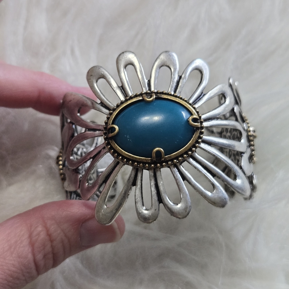 LUCKY BRAND Boho Southwest Faux Turquoise Malachite Flower Cuff Bracelet Western - Picture 12 of 15